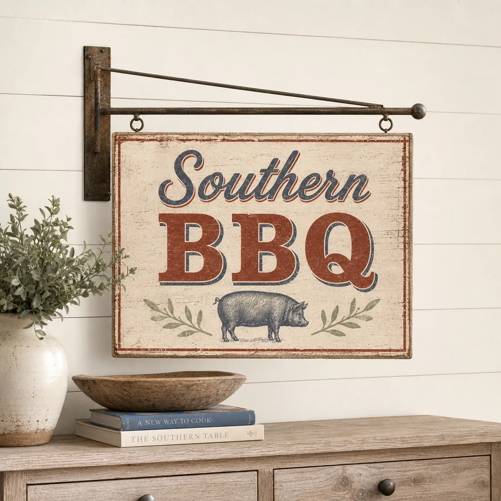 Alternate view of Southern BBQ Sign displayed in a warm farmhouse interior