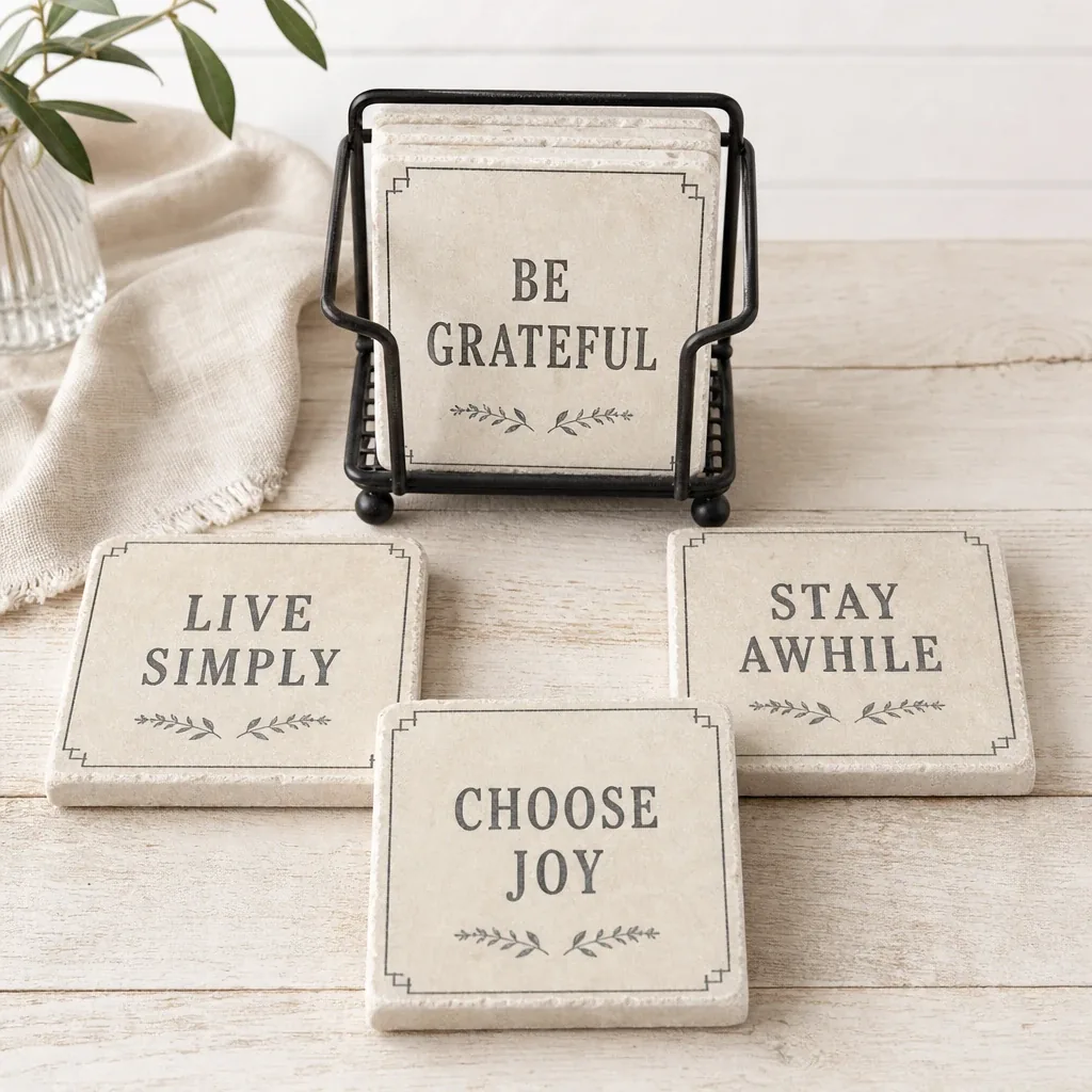 Stone Farmhouse Coaster Set styled on a softly lit farmhouse surface