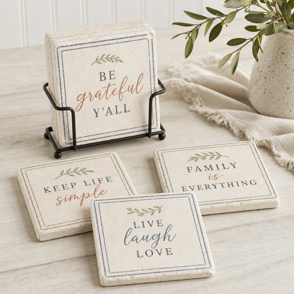 Alternate view of Stone Farmhouse Coaster Set styled on a softly lit farmhouse surface
