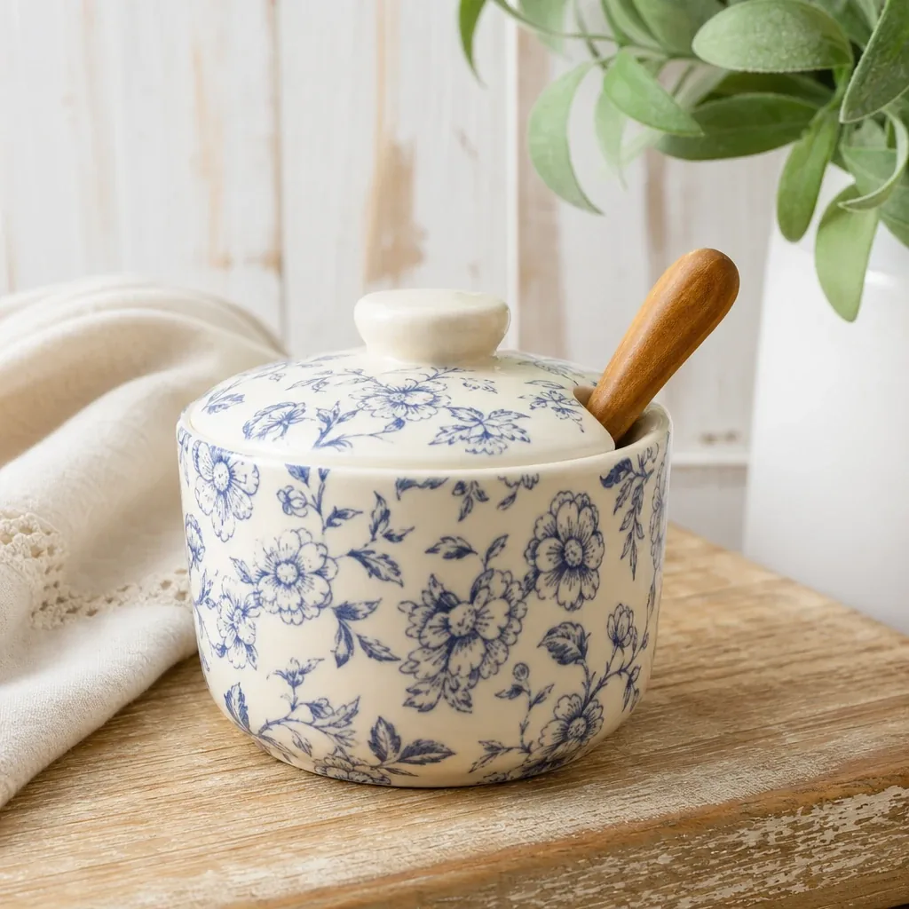 Olivia Sugar Pot styled on a softly lit farmhouse surface