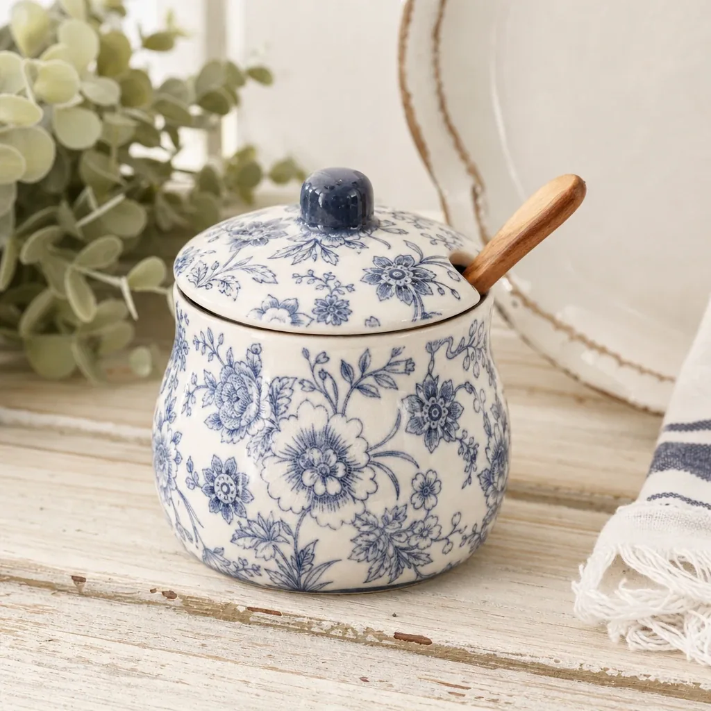 Alternate view of Olivia Sugar Pot styled on a softly lit farmhouse surface