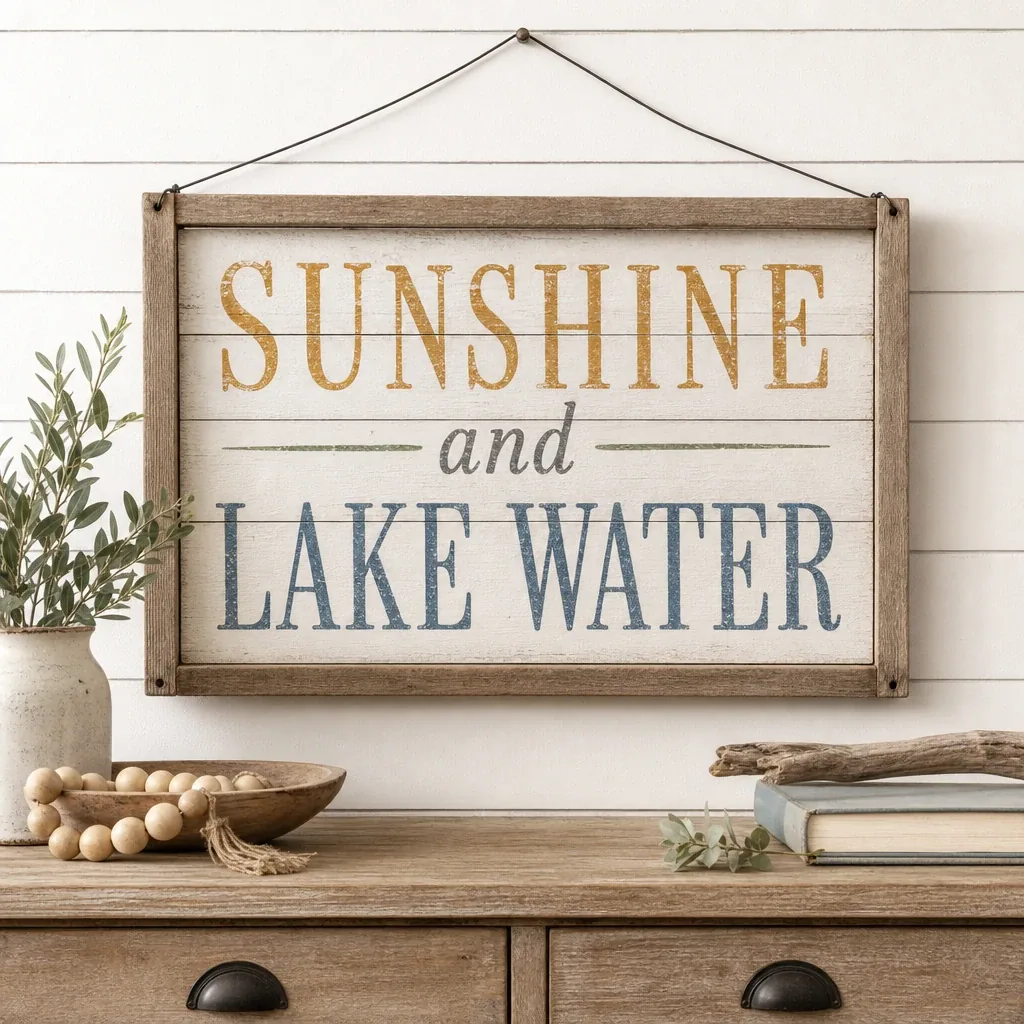 Sunshine and Lake Water Sign displayed in a warm farmhouse interior
