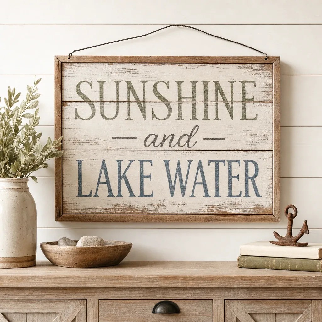 Alternate view of Sunshine and Lake Water Sign displayed in a warm farmhouse interior