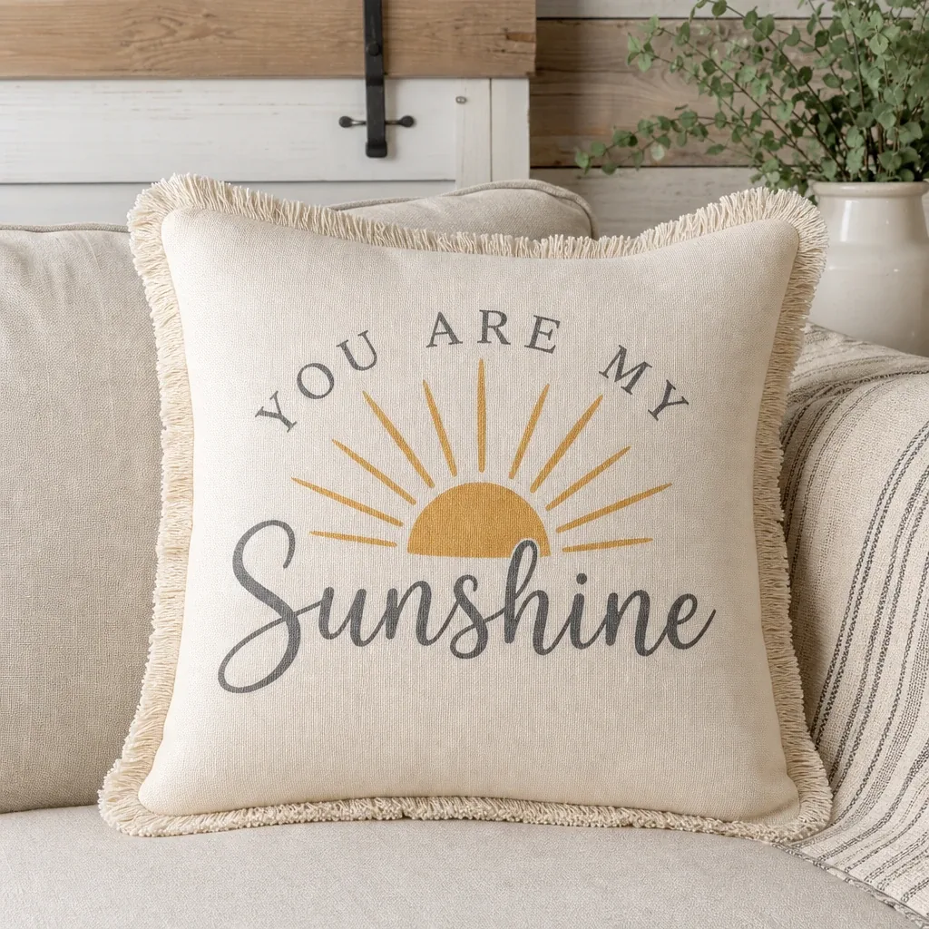 Sunshine Throw Pillow styled in a warm farmhouse room