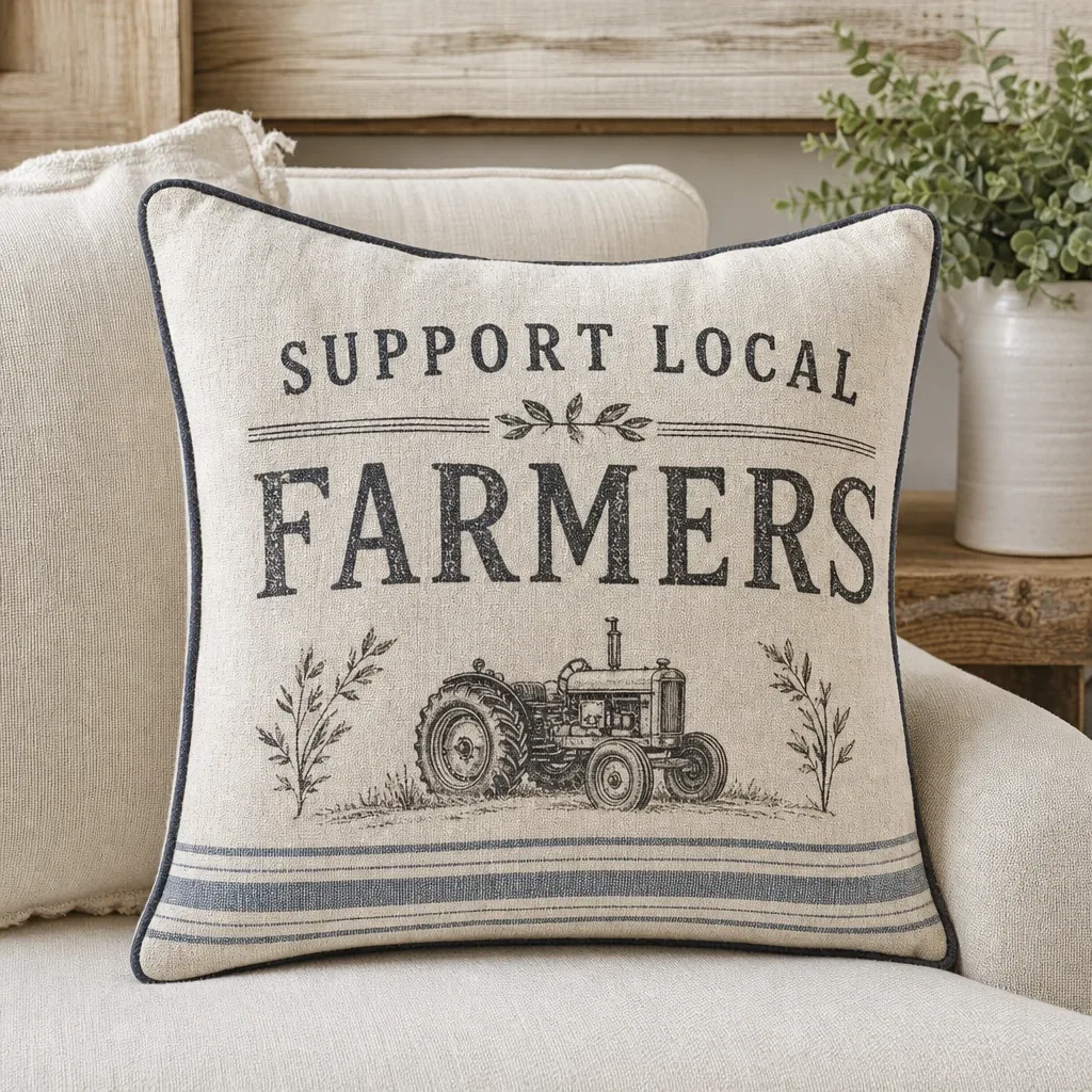 Support Local Farmers Pillow styled in a warm farmhouse room