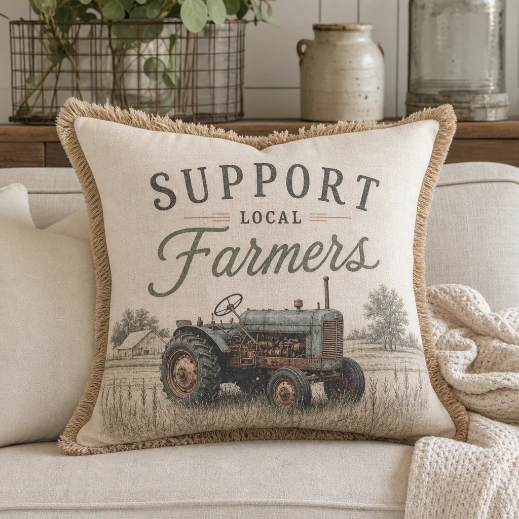 Alternate view of Support Local Farmers Pillow styled in a warm farmhouse room