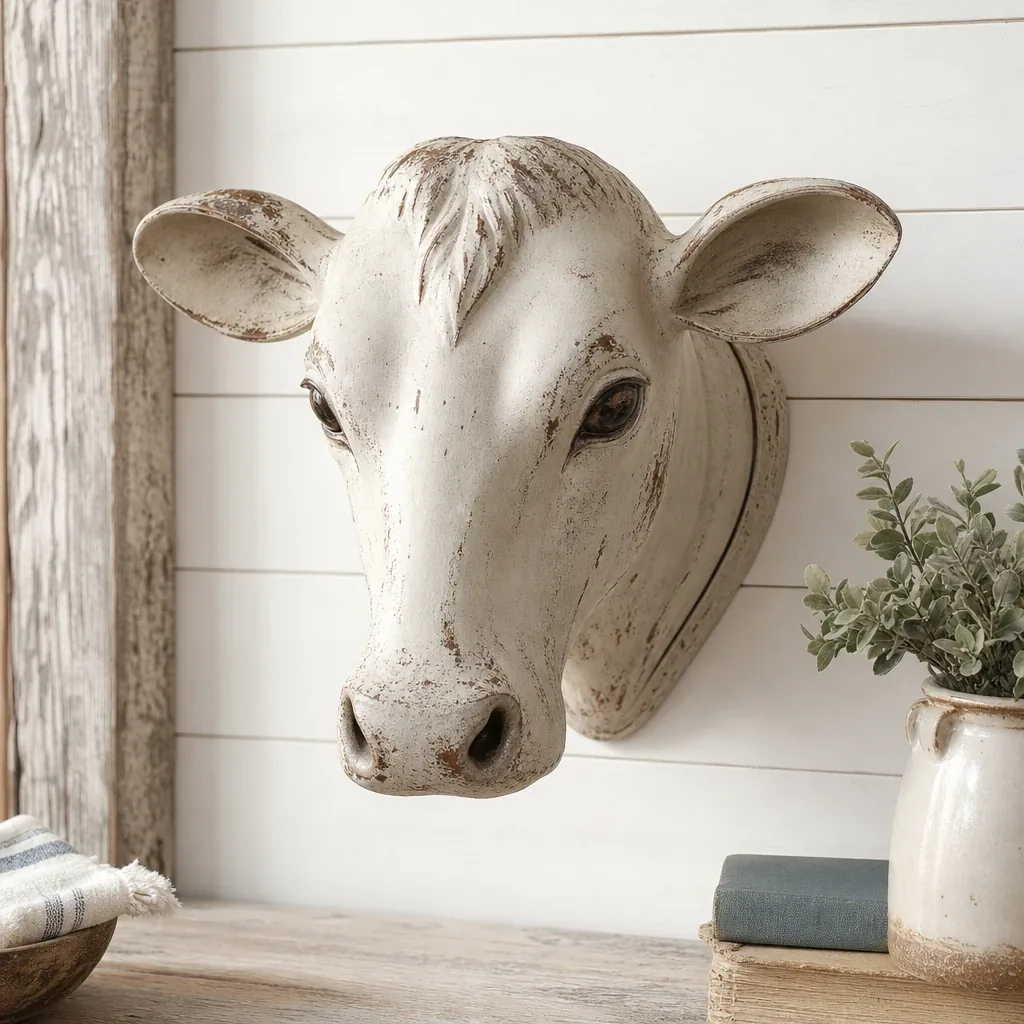 Sweet Bessie Cowhead styled on a softly lit farmhouse surface