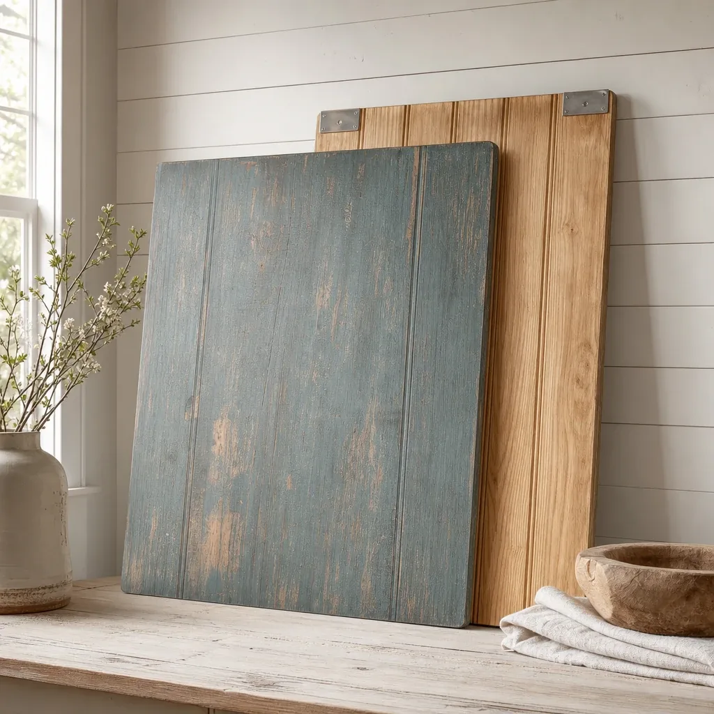 "The Henry" and "Weathered Teal" Hickory Photography Board styled on a softly lit farmhouse surface