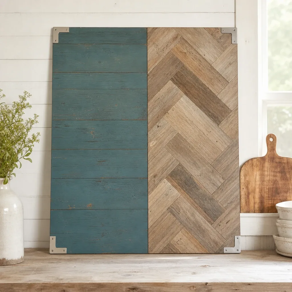Alternate view of "The Henry" and "Weathered Teal" Hickory Photography Board styled on a softly lit farmhouse surface