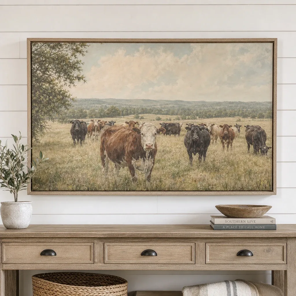 The Home Place Cow Canvas displayed in a warm farmhouse interior