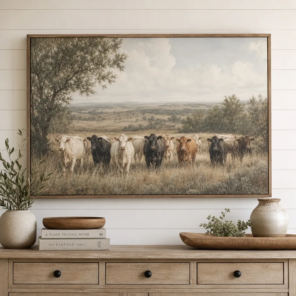 Alternate view of The Home Place Cow Canvas displayed in a warm farmhouse interior