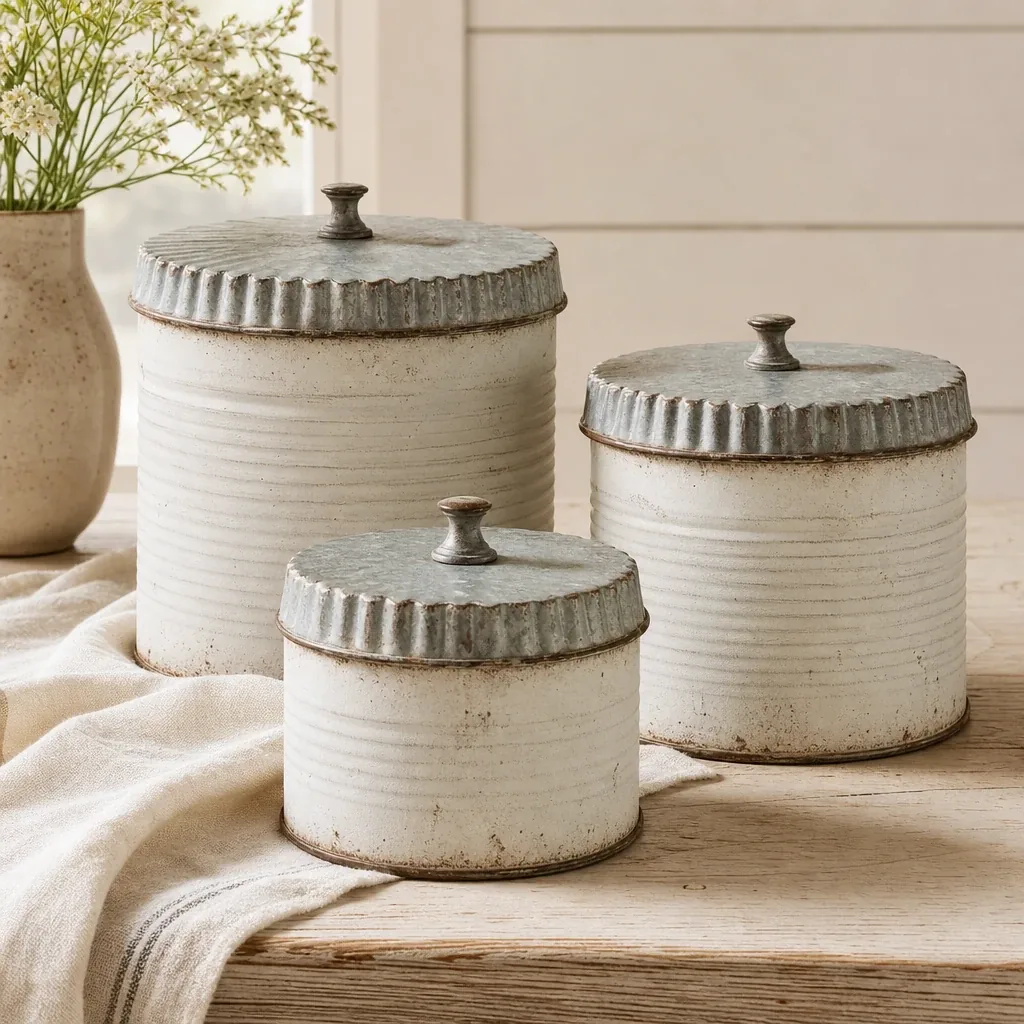Tin Canister Set styled on a softly lit farmhouse surface
