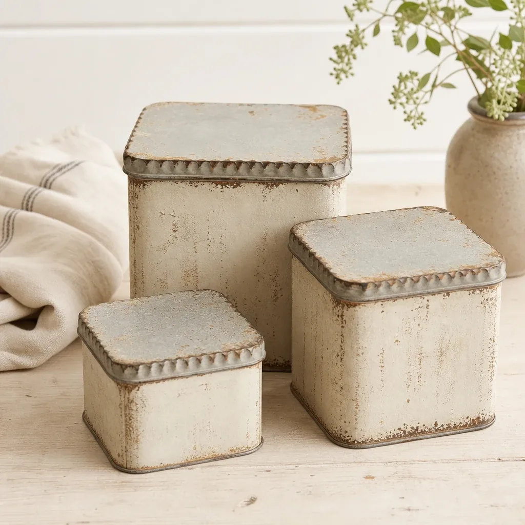 Alternate view of Tin Canister Set styled on a softly lit farmhouse surface