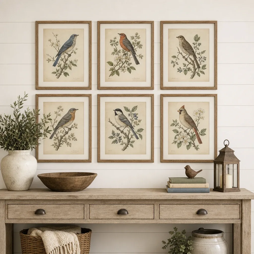 Vintage bird prints in weathered frames arranged on a warm farmhouse wall, the kind of meaningful wall décor that becomes a family heirloom