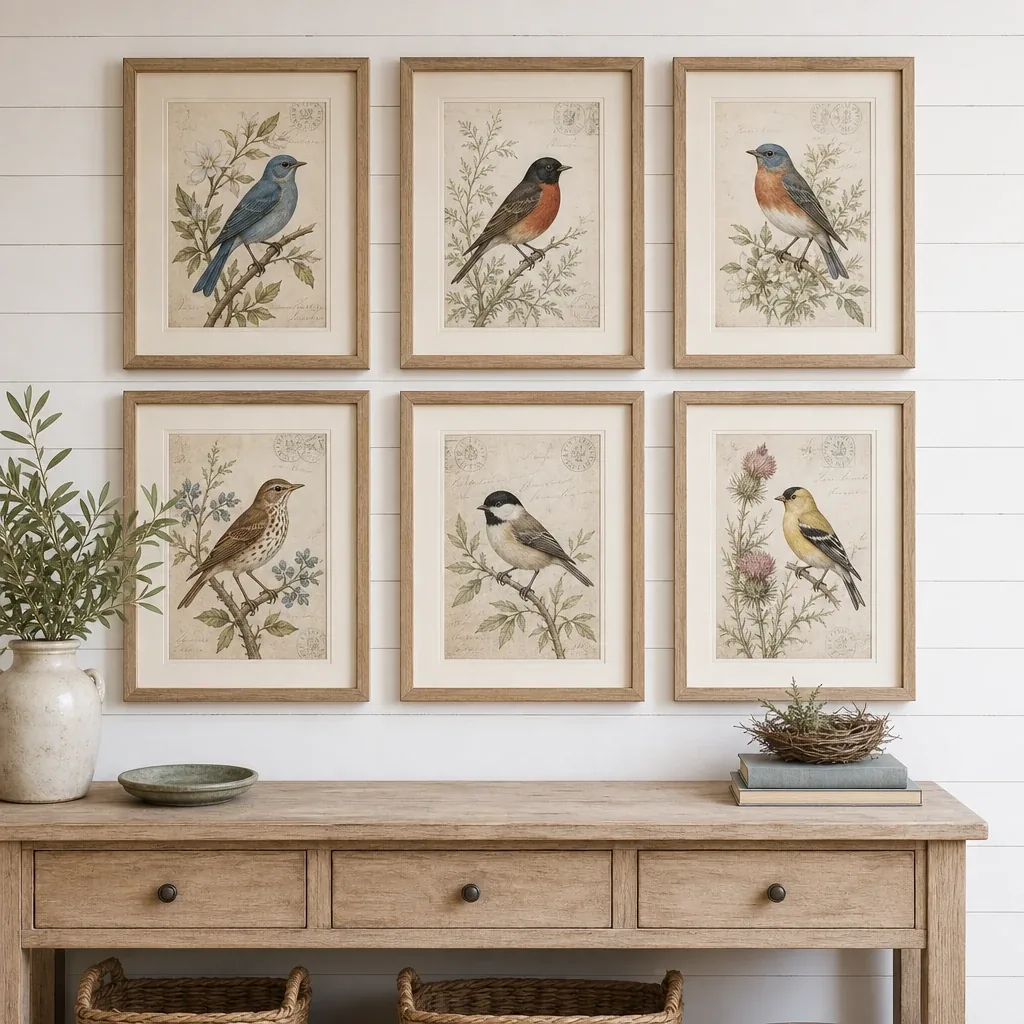 Alternate view of Vintage Bird Prints displayed in a warm farmhouse interior