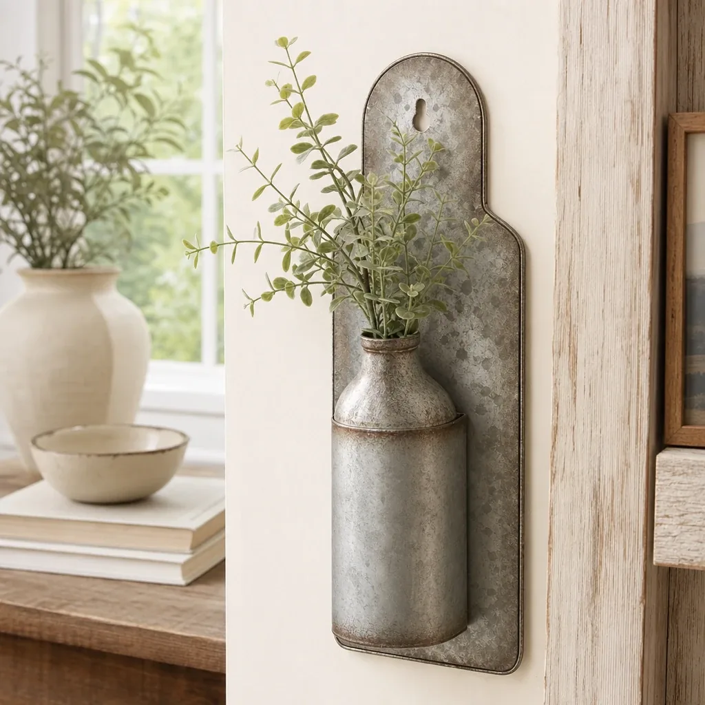 Vintage Hanging Bottle Vase styled on a softly lit farmhouse surface