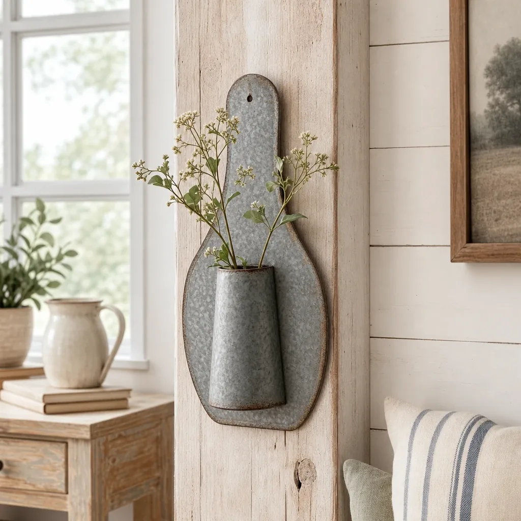 Alternate view of Vintage Hanging Bottle Vase styled on a softly lit farmhouse surface
