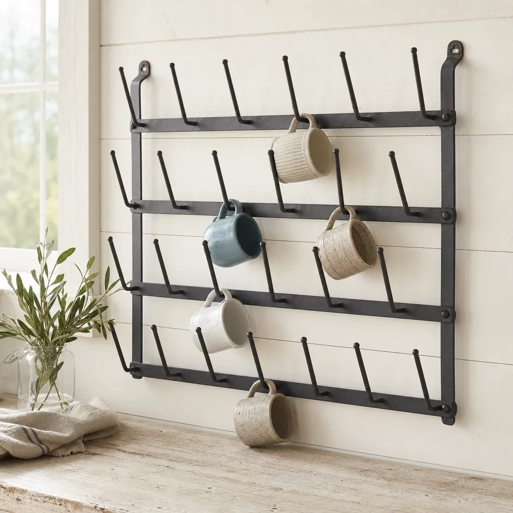 A large metal wall cup rack displayed in a warm farmhouse kitchen, keeping cups organized and within reach