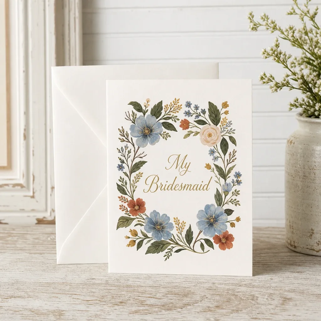 My Bridesmaid Card styled on a softly lit farmhouse surface