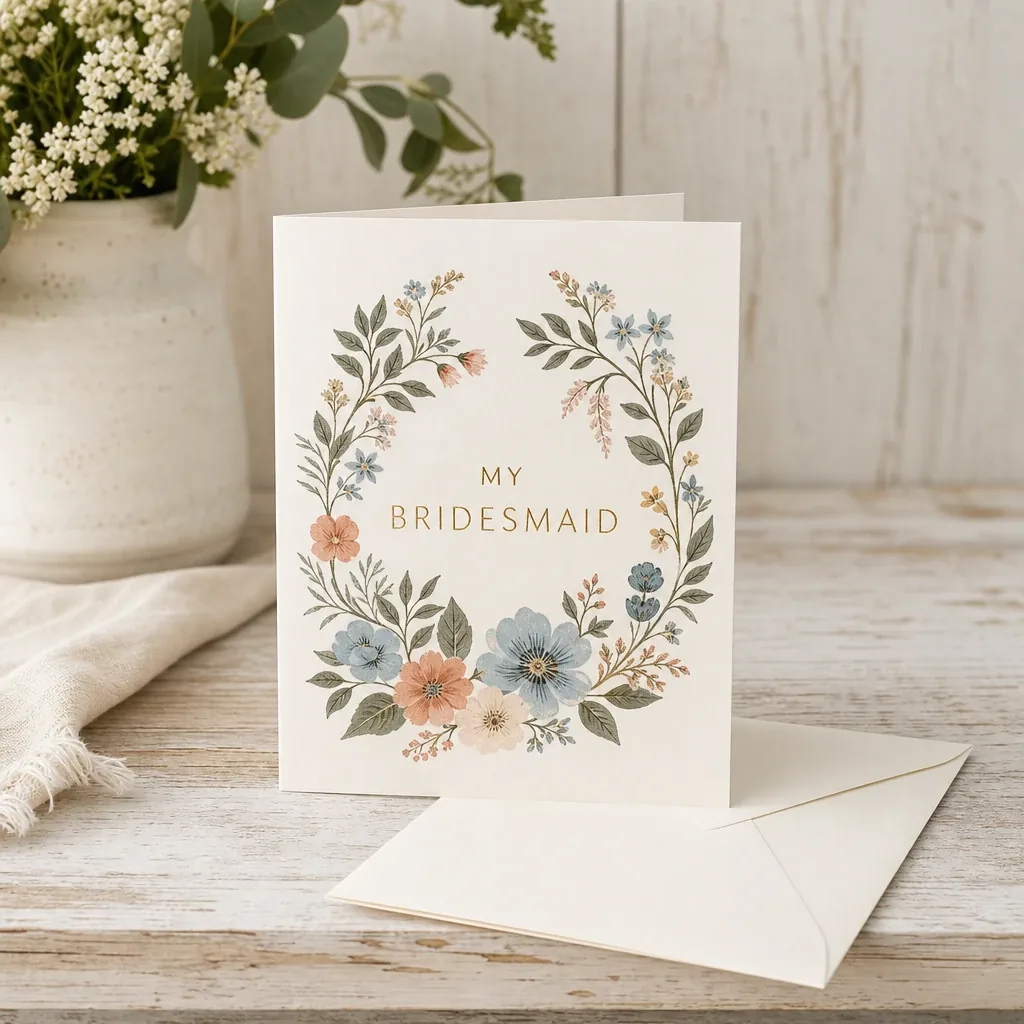 Alternate view of My Bridesmaid Card styled on a softly lit farmhouse surface