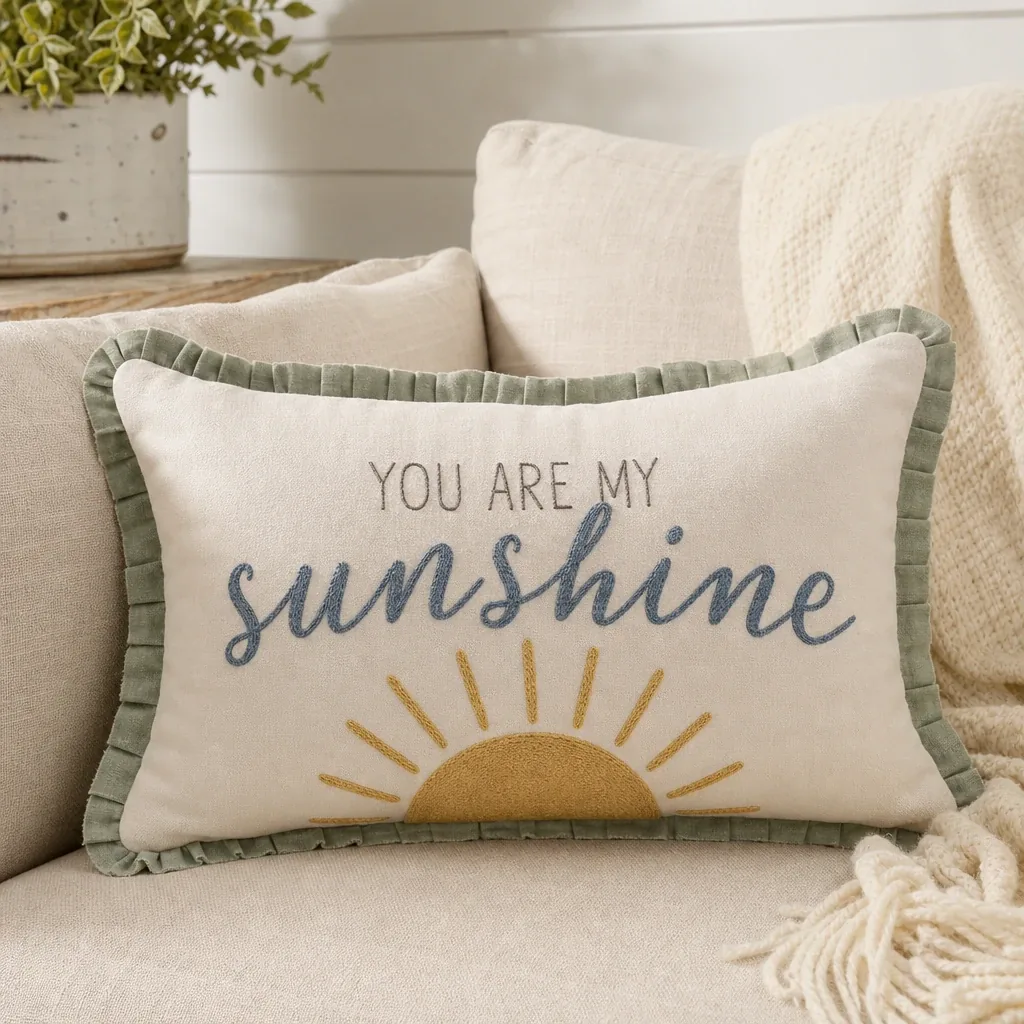 Alternate view of You Are My Sunshine Pillow styled in a warm farmhouse room