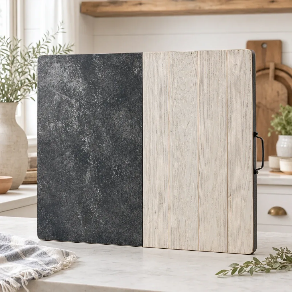 "Zinc" and "Copper Springs" Maple Photography Board styled on a softly lit farmhouse surface